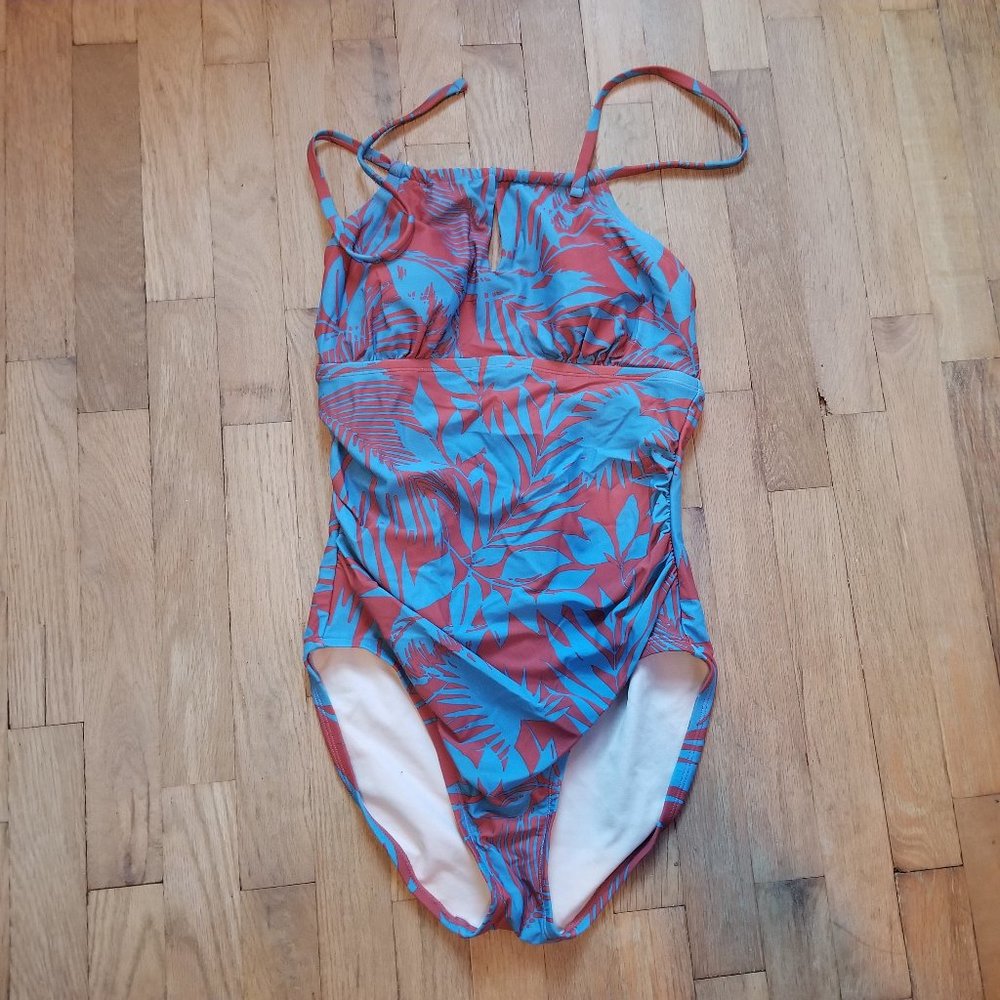 Kona Sol High Coverage One Peice Red Blue Palm Pattern Bathiing Swim Suit NWT